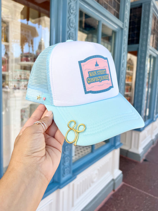 Main St Confectionery blue trucker hat