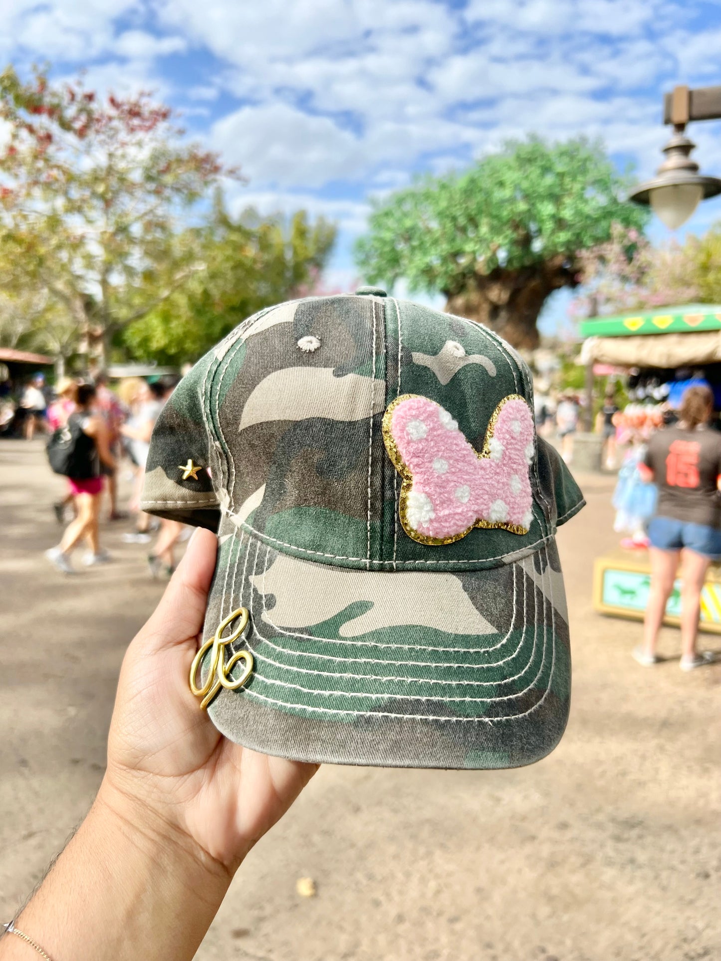 Camouflage dad hat with pink chenille, gold glitter bow