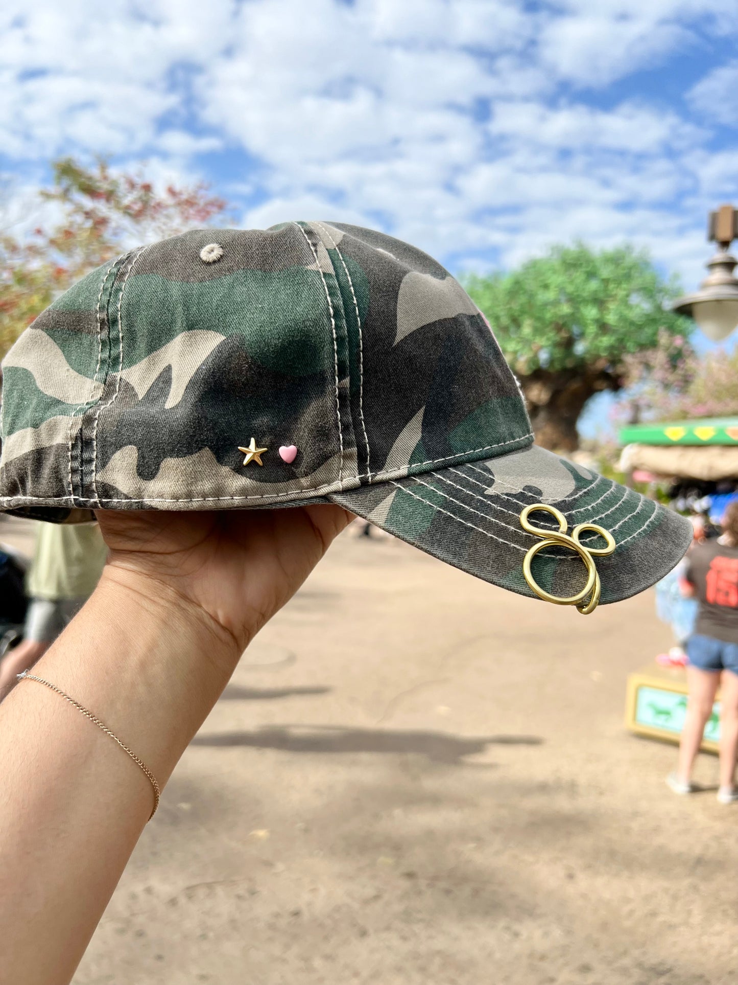 Camouflage dad hat with pink chenille, gold glitter bow